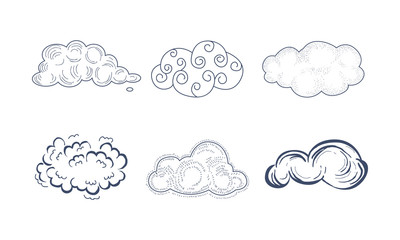 Vector set of comic clouds of different shapes in sketch style. Monochrome icons for children book or textile