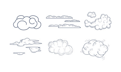 Vector set of monochrome clouds of different shapes in hand drawn style. Elements for postcard or children book