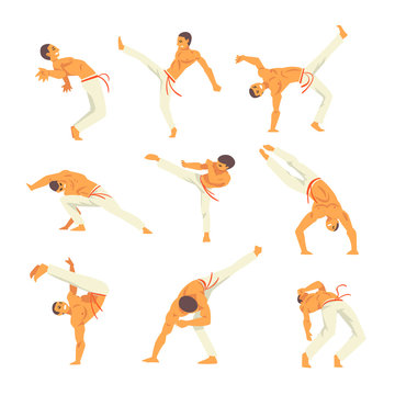 Male Capoeira Dancer Character Showing His Skills Set, Brazilian National Martial Art Vector Illustration