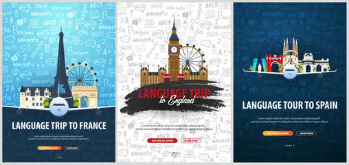 Language trip, tour, travel to England, France, Spain. Learning Languages. Vector illustration with hand-draw doodle elements on the background.