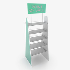 Empty store shelves. Retail shelf rack. Showcase display. Mockup template ready for design. 3d rendering.
