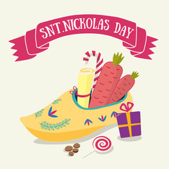 Cute greeting card for Saint Nicholas (Sinterklaas) day with shoe, carrot, gift box and text block. - 246806747