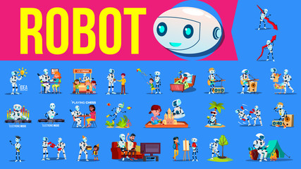 Naklejka premium Robot Helper Set Vector. Future Lifestyle Situations. Working, Communicating Together. Cyborg, AI Futuristic Humanoid Character. Artificial Intelligence. Web Design. Robotic Technology Illustration