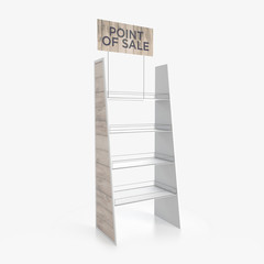 Empty store shelves. Retail shelf rack. Showcase display. Mockup template ready for design. 3d rendering.