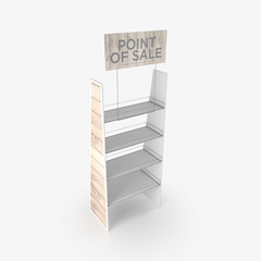 Empty store shelves. Retail shelf rack. Showcase display. Mockup template ready for design. 3d rendering.