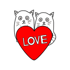 Cute cats and red heart. Valentine's day card.