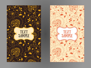 Set of two retro business card or invitation vintage decorative elements. Seamless floral  background with the text sample.