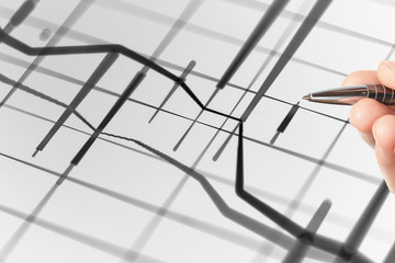 Double exposure image of charts on technology financial graph background.