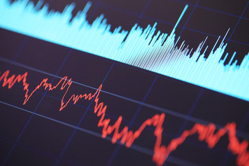 Double exposure image of charts on technology financial graph background.