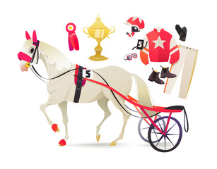 Grey trotter horse in harness, harness racing sulky and driver clothing apparel