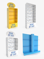 Empty store shelves. Retail shelf rack. Showcase display. Mockup template ready for design. 3d rendering.