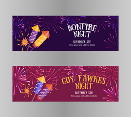 Flayers Night Bonfire night (Guy Fawkes) zawiera petardy, fajerwerki i blok tekstowy na fioletowym tle - 246807522