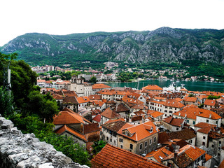 Aerial view to Kotor town. Mediterranean sea.