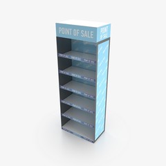 Empty store shelves. Retail shelf rack. Showcase display. Mockup template ready for design. 3d rendering.