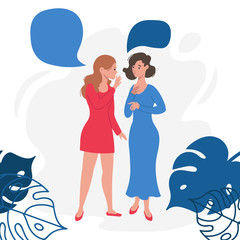 Two girl friends gossiping, flat vector illustration.