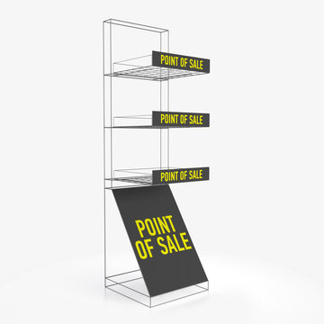 Empty store shelves. Retail shelf rack. Showcase display. Mockup template ready for design. 3d rendering.