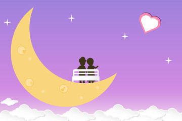 Naklejka premium Vector valentines day pink purple background in paper cut. Couple seat in the chair at the yellow moon kissing and pointing on heart shape. Couple lovers scenery