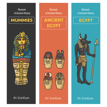 Vector set of thee bookmarks design with Ancient Egypt symbols: Tutankhamun Sarcophagus, Canopic jars (using in embalming proccess) God Anubis Statue; Hand drawn cartoonish style