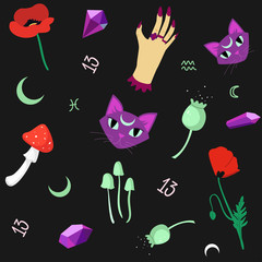 Obraz na płótnie Canvas Black magic. Wich pattern. Esoteric seamless pattern with poppy, zodiac symbols, hands, crystals, cat, toadstools. Vector