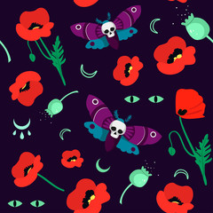 Black magic.Seamless pattern with moths and poppy. Vector isolated on dark background