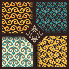 Set of four seamless patterns in vintage indonesian batik, islamic, japanese, arabic, eastern, oriental style for restaurant menu, flyer, business card, brochure, book cover, banner, etc. - 246808934