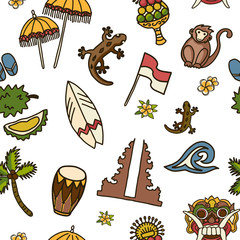 Bali vector seamless pattern. Balinese traditional Temple, Barong mask, monkey, surf board, gecko, cacoa palm tree, Indonesian flag, frangipani flowers, wave, durian on the white background. - 246808980