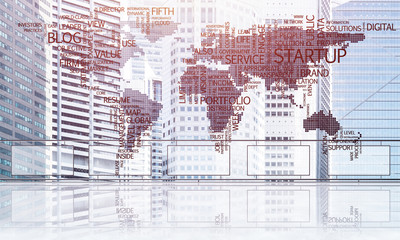 Obraz premium Concept of global communication and networking with world map over cityscape