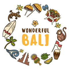 Bali vector icons set. Illustrated travel collection. Balinese traditional Temple, Barong mask, monkey, surf board, gecko, cacoa palm tree, Indonesian flag, frangipani flowers, wave, durian.