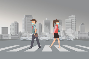 vector of people wearing face mask and walk on crosswalk in the city with air pollution