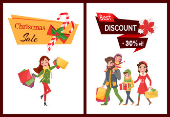 Best discount Christmas sale 30 percent off set winter holiday vector. Family mother father and daughter with packages and presents, lollipop stick candy