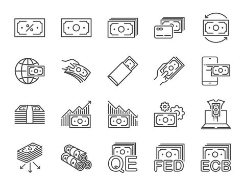 Money line icon set. Included icons as cash, passive income, bank, banknote, currency and more.