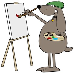 Dog artist painting on canvas