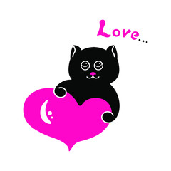 Black cat with a pink heart. Vector