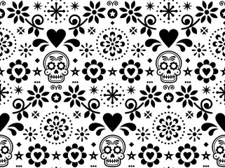 Sugar skull vector seamless pattern inspired by Mexican folk art, Dia de Los Muertos repetitive design black and white