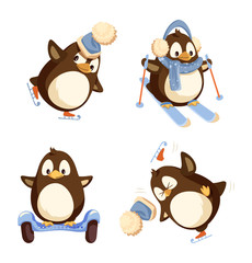 Penguin skiing and skating in warm hat and earmuffs with scarf. Running animal on segway and falling. Set of winter activities isolated on white vector