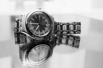 photo of a wrist watch in black and white