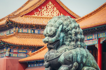 Details of lion statue in front of Gate of Supreme Harmony in Forbidden City, Beijing, China