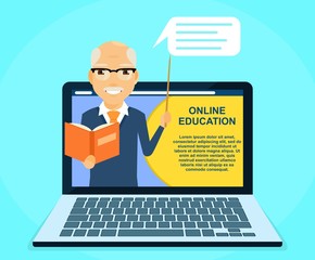 The concept of learning through the Internet. An elderly man holding a book. Training, education. In flat style on blue background. Cartoon.