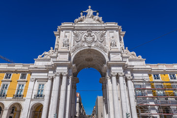 Fototapeta na wymiar Close up on a triumphal arch of Rua Augusta Arch located on the Commerce Square in Lisbon city, capital of Portugal