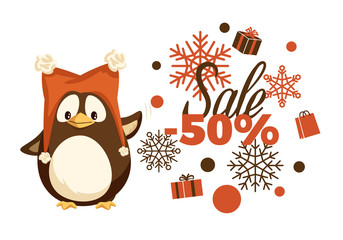 Merry Christmas sale 50 percent half price off vector. Special discount winter holiday offers, snowflake ornaments and percentage penguin in warm hat