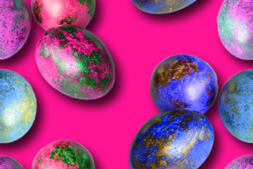 multicolored easter eggs against a fuchsia background, isolate, seamless