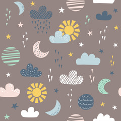 Seamless pattern for children with sun, moon, clouds and stars