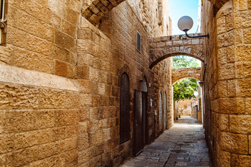 Walking on empty in old town of Jerusalem city. City buildings street design background. Empty Old...