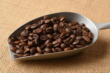 Closeup of coffee beans on burlap background