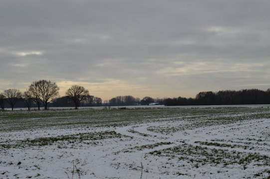 Mittagssonne &uuml;ber einem verschneiten Feld am Niederrhein