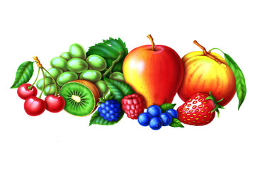 group of fruits, cherries, grapes, kiwi, raspberry, blackberry, strawberry, apple, peach and green leaves illustration