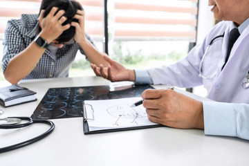 Professor Doctor having support and comforting in recommend with patient while discussing explaining his symptoms or counsel diagnosis health, healthcare and assistance concept