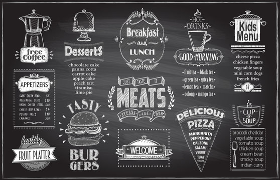 Chalk menu board design for cafe or restaurant, breakfast and lunch, fast food and pizza, meats menu, burgers, appetizers