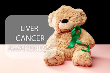 Liver Cancer and Hepatitis B - HVB Awareness month ribbon, Emerald Green or Jade ribbon awareness color on pink background with toy bear. The cancer, health, help, care, support, hope, illness