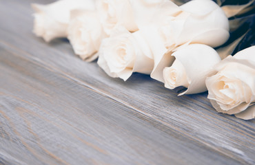 White Rose. A bouquet of delicate roses on a white background. Place for text, close-up. Romantic background for spring holidays.